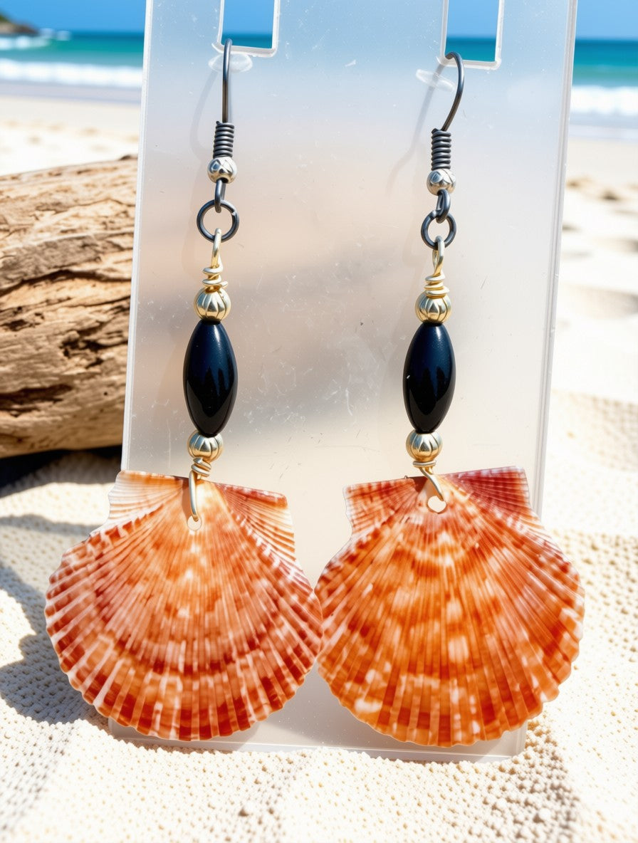Ember Shore – Burnt Orange Scallop Shell & Black Onyx Earrings on Gold Ear Wires