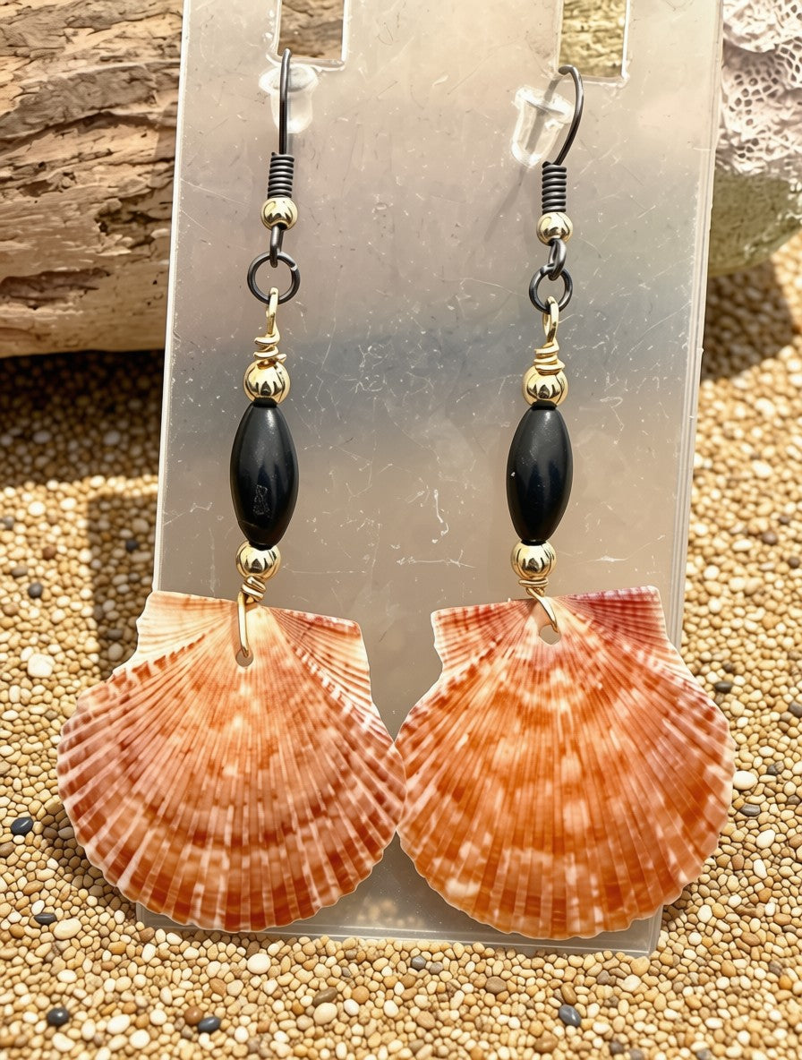 Ember Shore – Burnt Orange Scallop Shell & Black Onyx Earrings on Gold Ear Wires