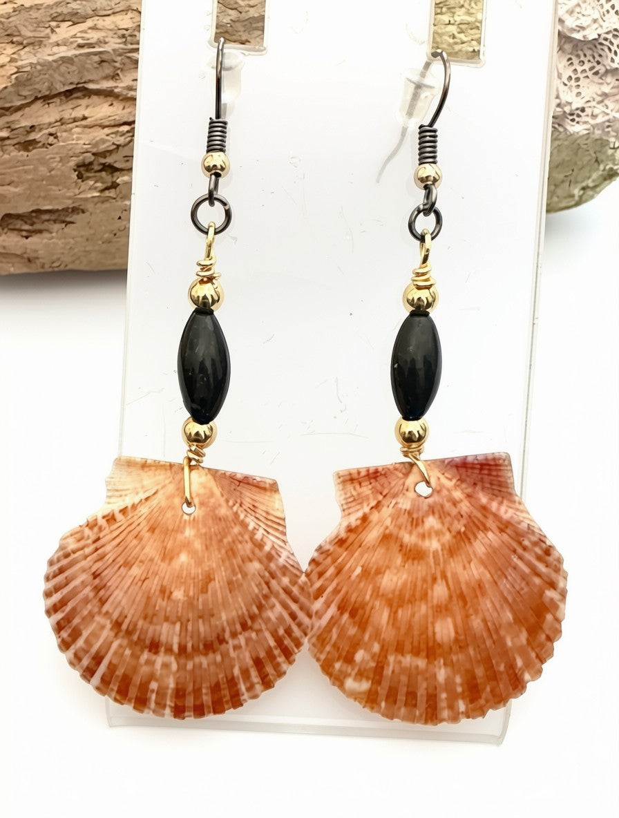 Ember Shore – Burnt Orange Scallop Shell & Black Onyx Earrings on Gold Ear Wires