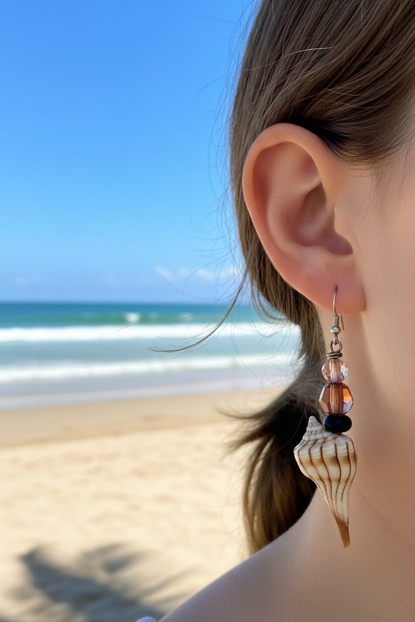Real Lightning Whelk Shell & Amber Crystal Earrings on Antique Copper Ear Wires