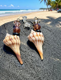 Real Lightning Whelk Shell & Amber Crystal Earrings on Antique Copper Ear Wires