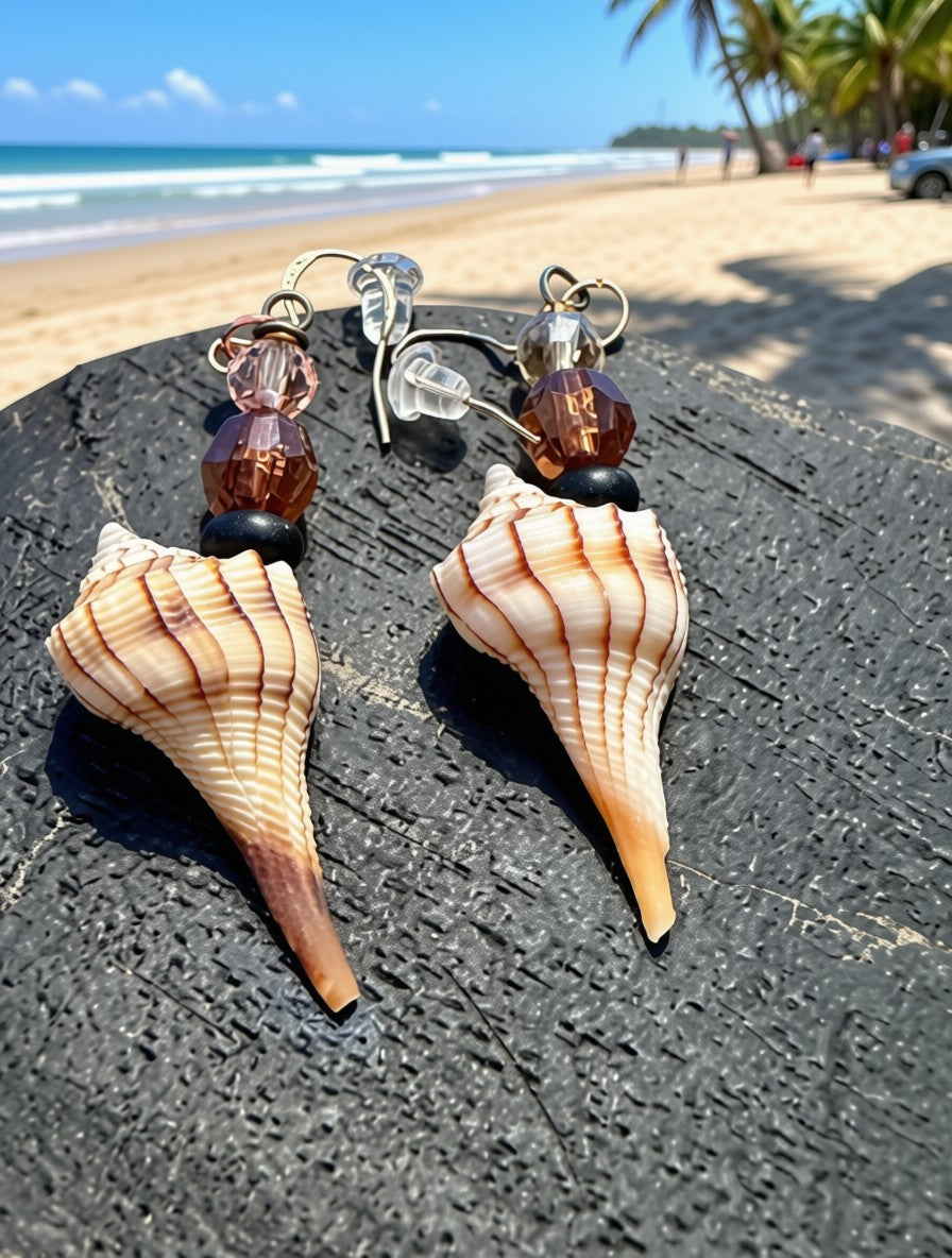 Real Lightning Whelk Shell & Amber Crystal Earrings on Antique Copper Ear Wires