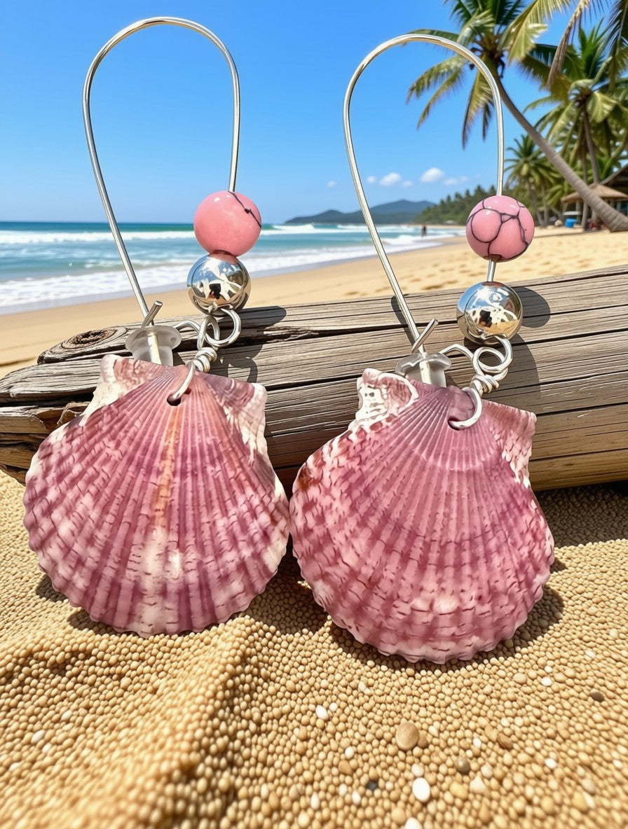 Mauve Tide – Dusty Rose Scallop Shell & Pink Turquoise Earrings on Silver Ear Wires