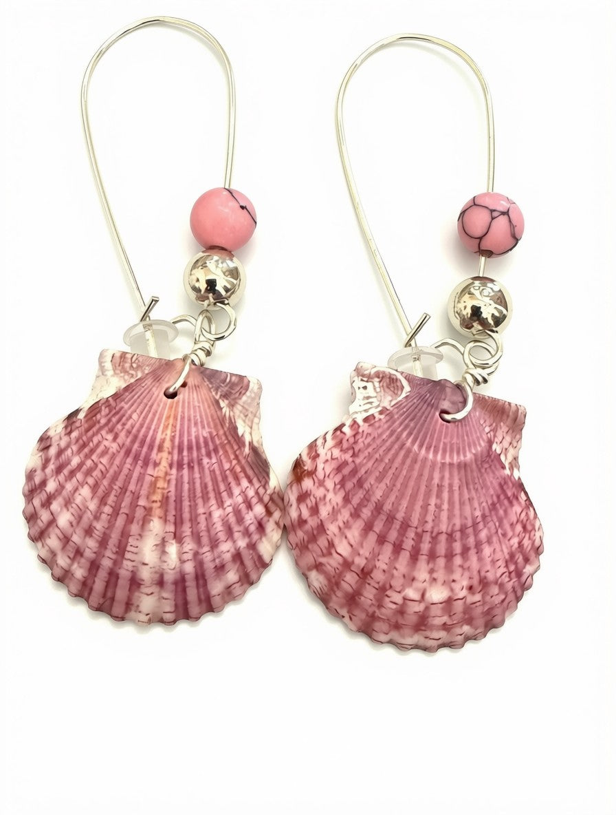Mauve Tide – Dusty Rose Scallop Shell & Pink Turquoise Earrings on Silver Ear Wires