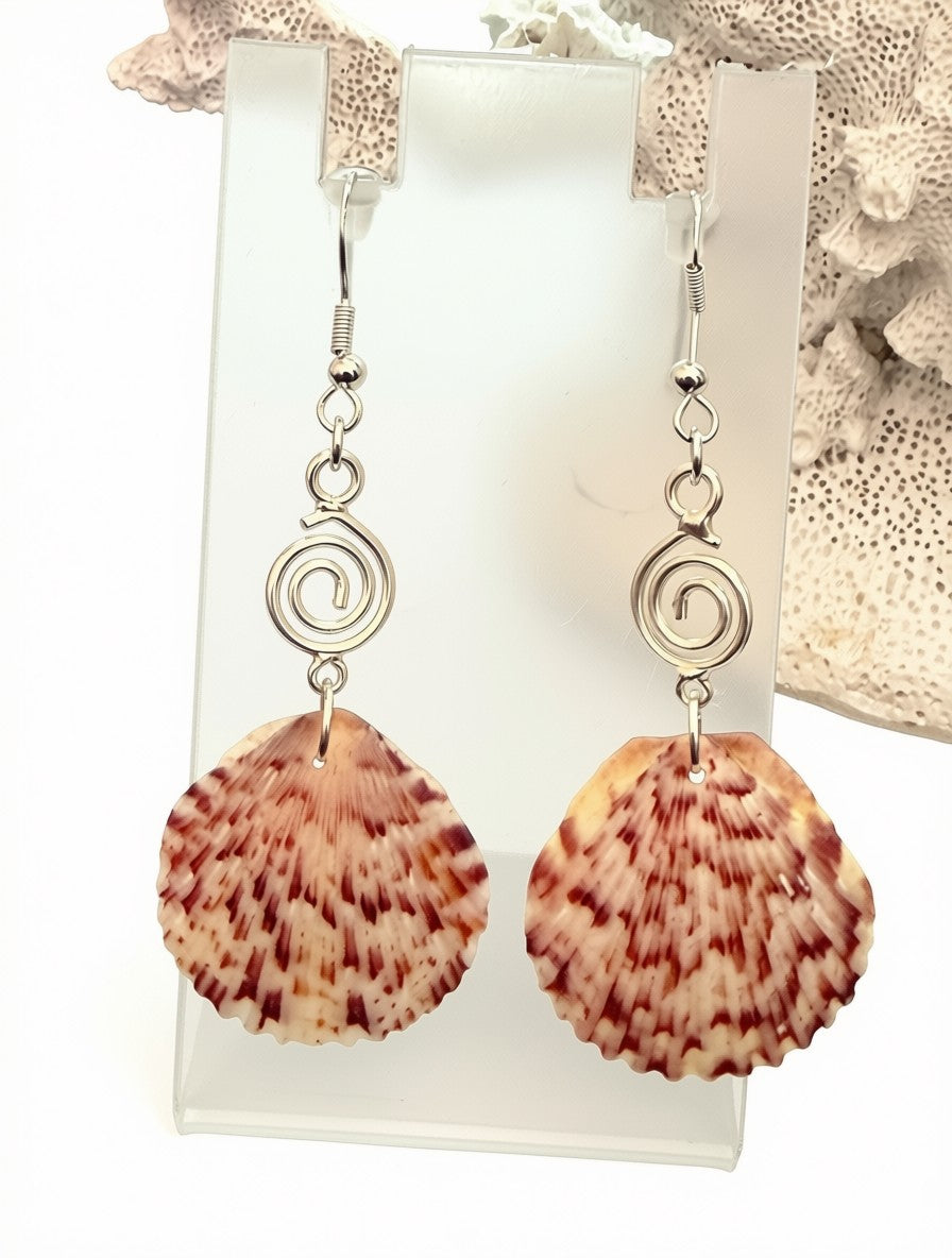 Spiral Tide – Bold Scallop Shell & Silver Spiral Charm Earrings on Silver Ear Wires