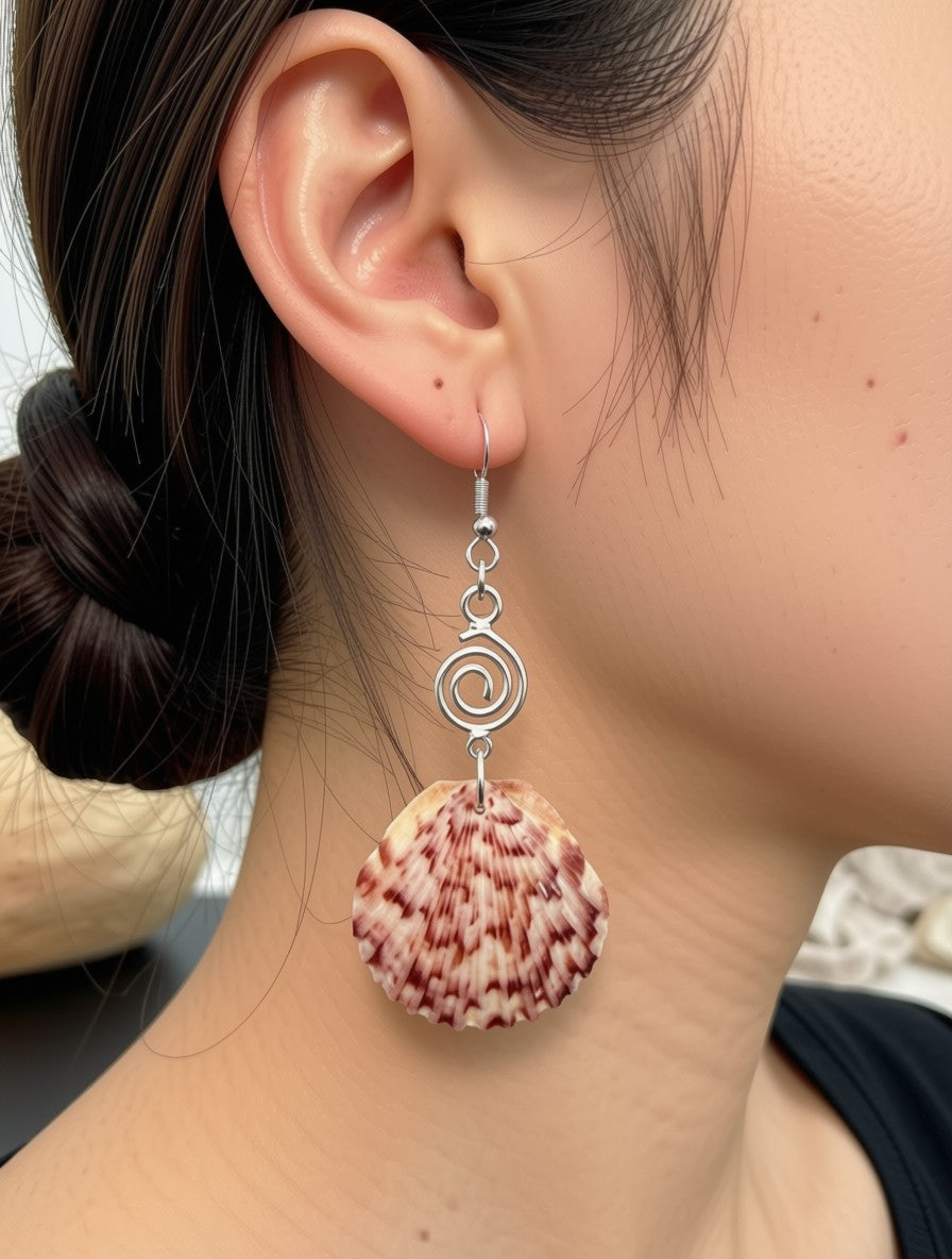 Spiral Tide – Bold Scallop Shell & Silver Spiral Charm Earrings on Silver Ear Wires