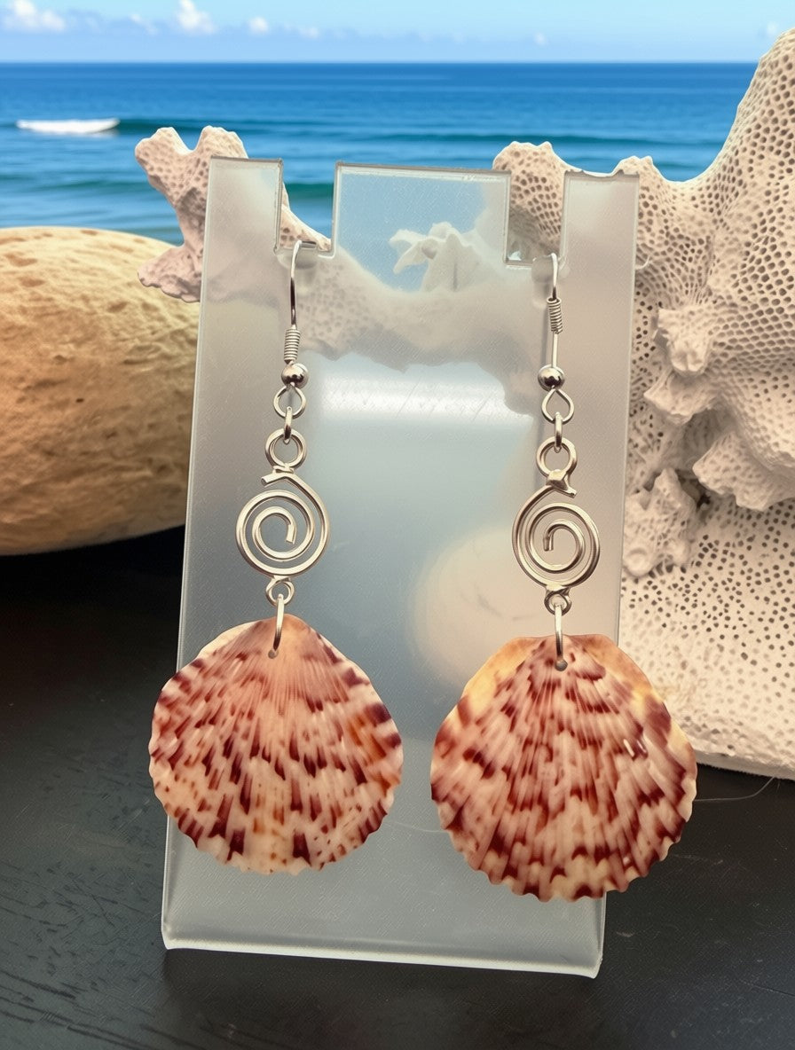 Spiral Tide – Bold Scallop Shell & Silver Spiral Charm Earrings on Silver Ear Wires