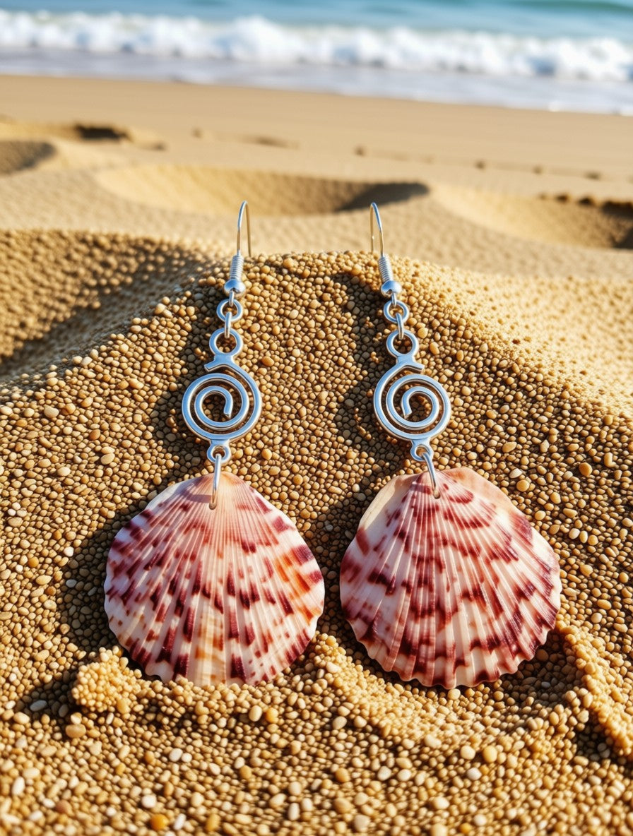 Spiral Tide – Bold Scallop Shell & Silver Spiral Charm Earrings on Silver Ear Wires