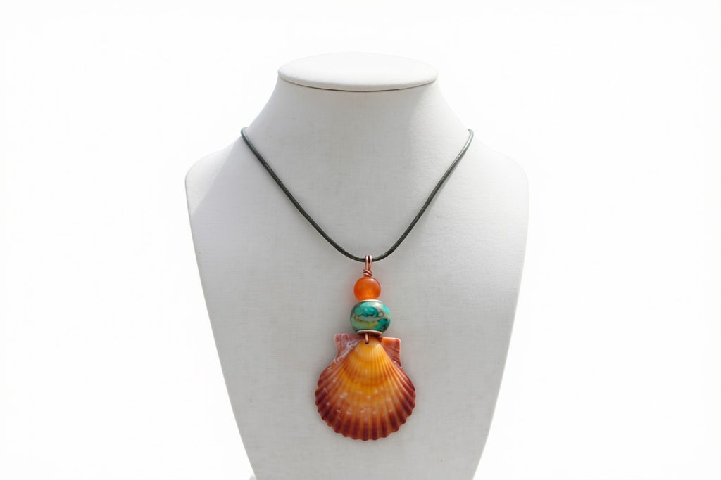 Sunset Glow - Orange Scallop Shell, Orange & Turquoise Bead Necklace