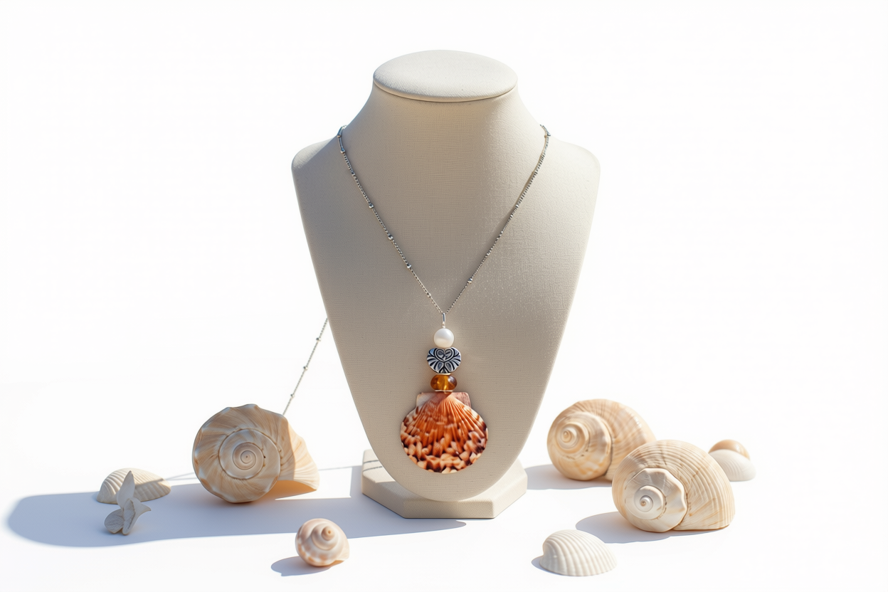 Coral Sunset Heart Shell Necklace - Pearl & Amber from Florida Gulf Shores