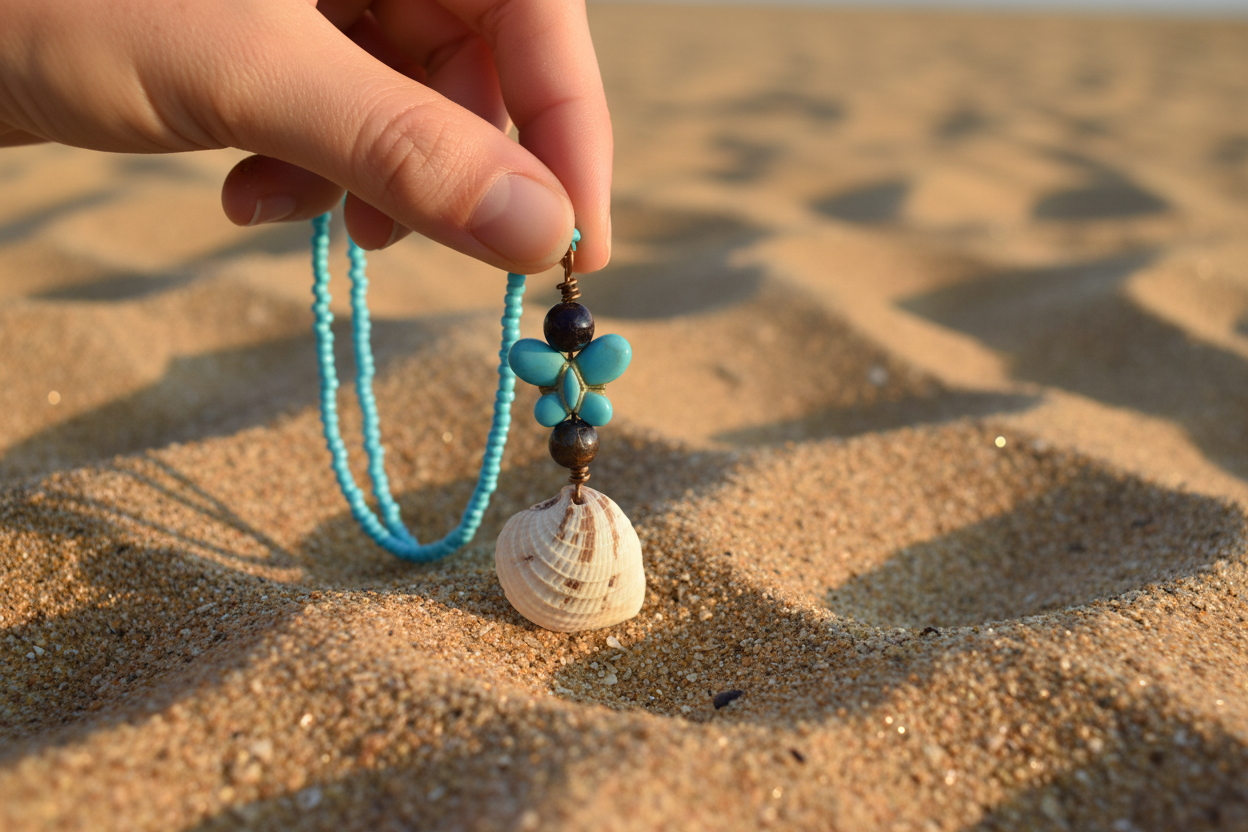Necklace Being Picked Up on Beach - View 1