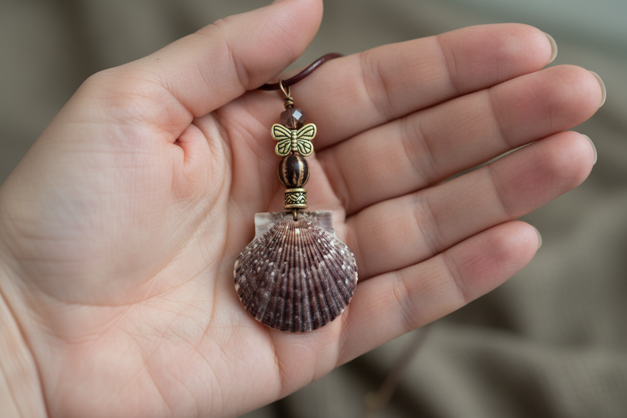 Purple Scallop Shell Necklace Close-Up in Hand