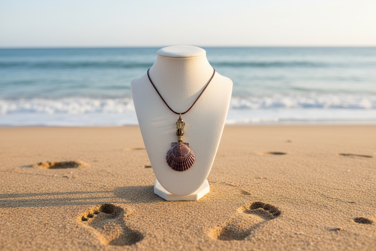 Purple Scallop Shell Necklace with Beach & Footprints