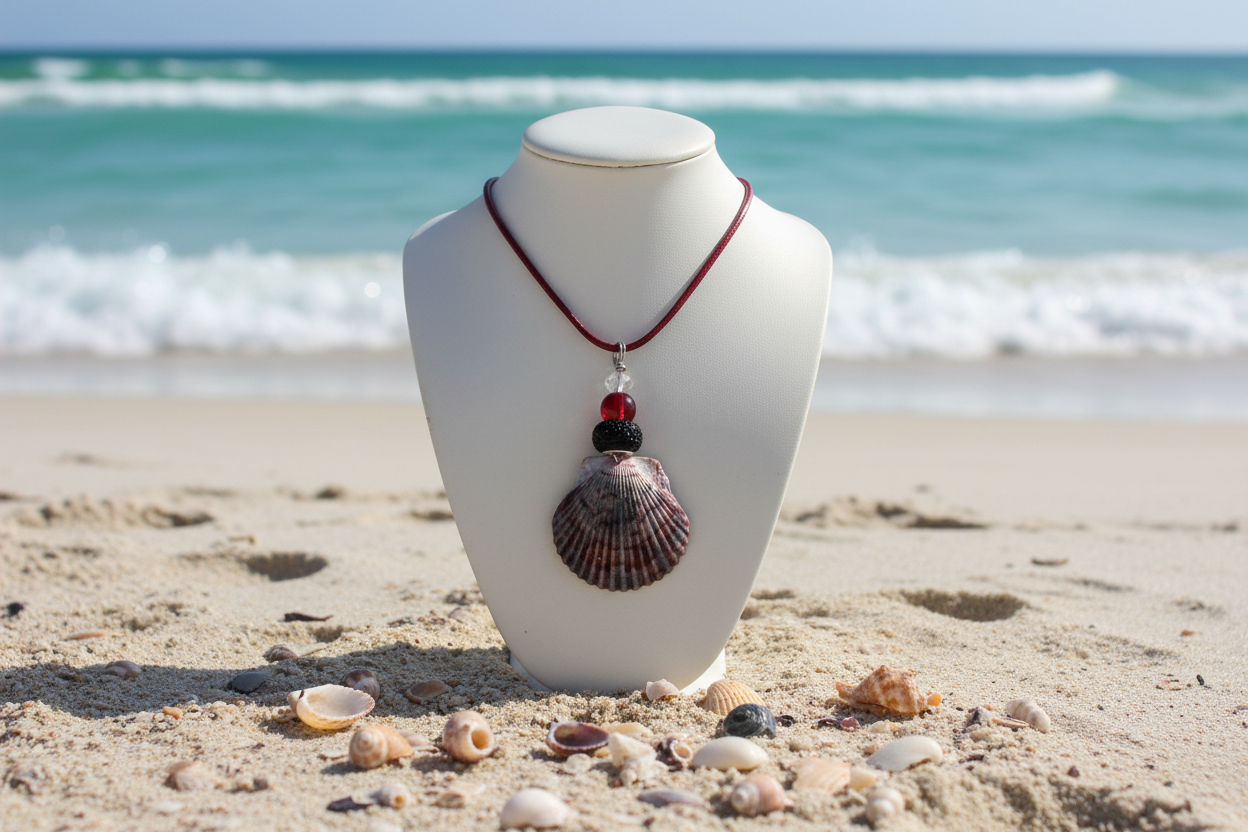 Purple Scallop Shell Necklace with Realistic Florida Beach Background