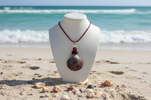 Purple Scallop Shell Necklace with Realistic Florida Beach Background