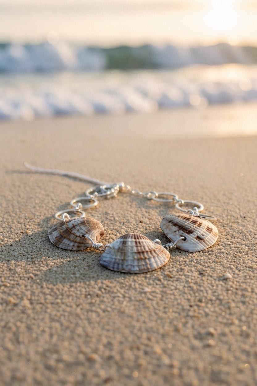 Shoreline Keepsakes seashell link bracelet with silver-tone hardware resting on a sandy beach at sunset.
