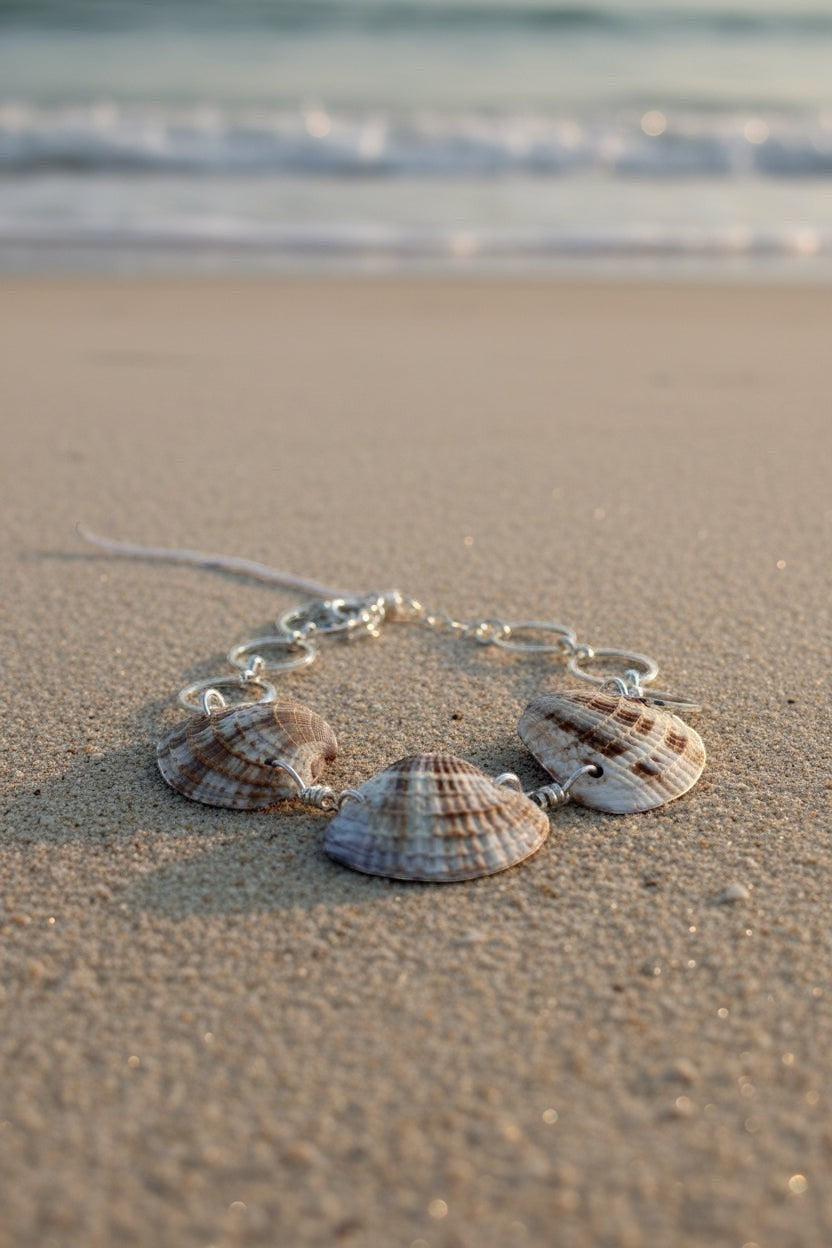 Shoreline Keepsakes seashell link bracelet with silver-tone hardware resting on a sandy beach at sunset.