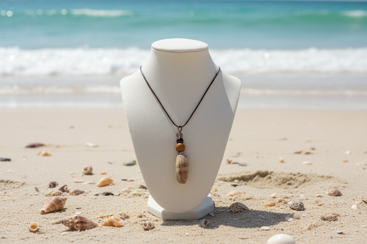 Striped Shell Pendant Necklace with Realistic Florida Beach Background - View 1