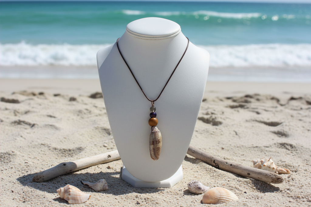 Striped Shell Pendant Necklace with Realistic Florida Beach Background - View 2