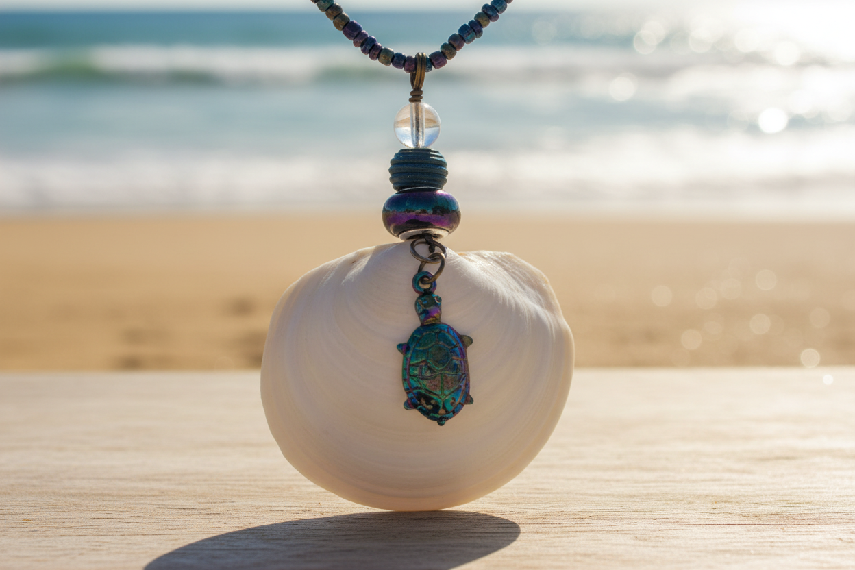 White Shell Necklace Close-Up with Beach - View 1