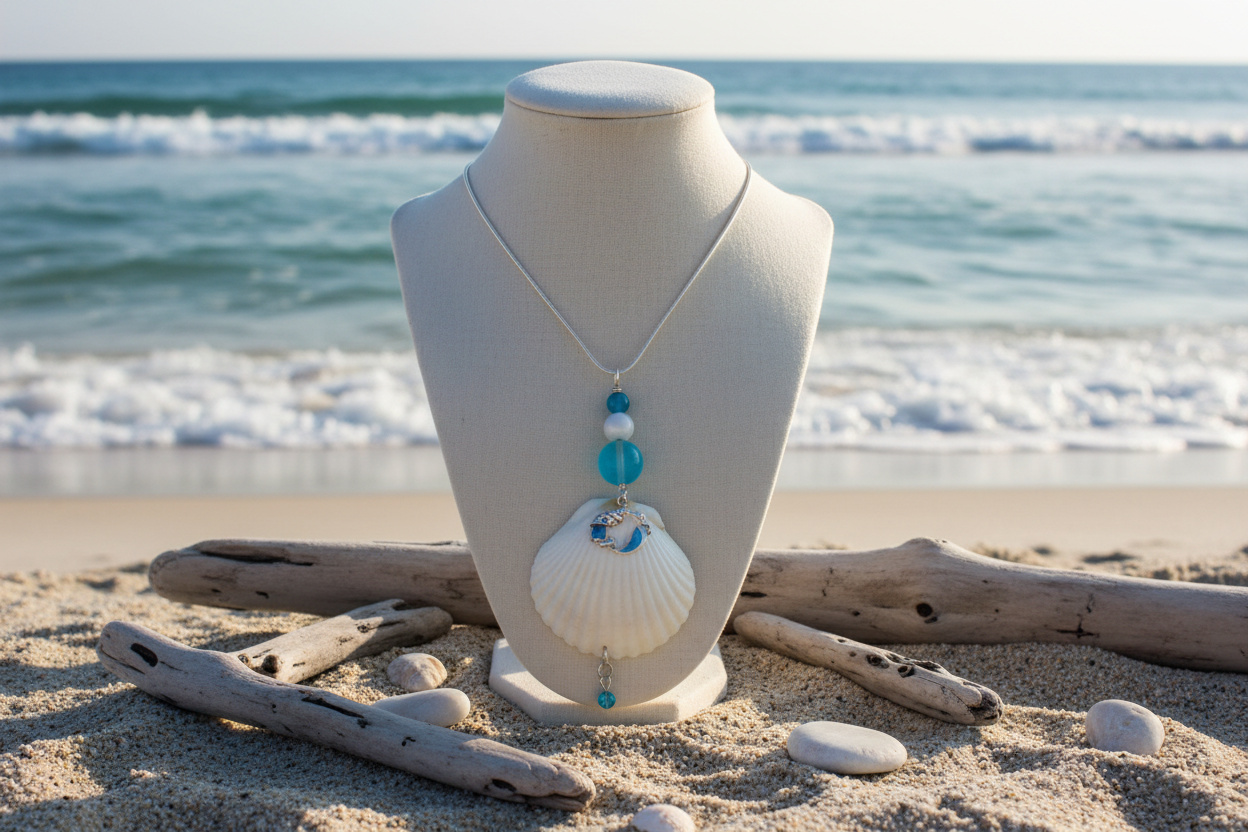 White Shell Necklace with Coastal Theme - View 2