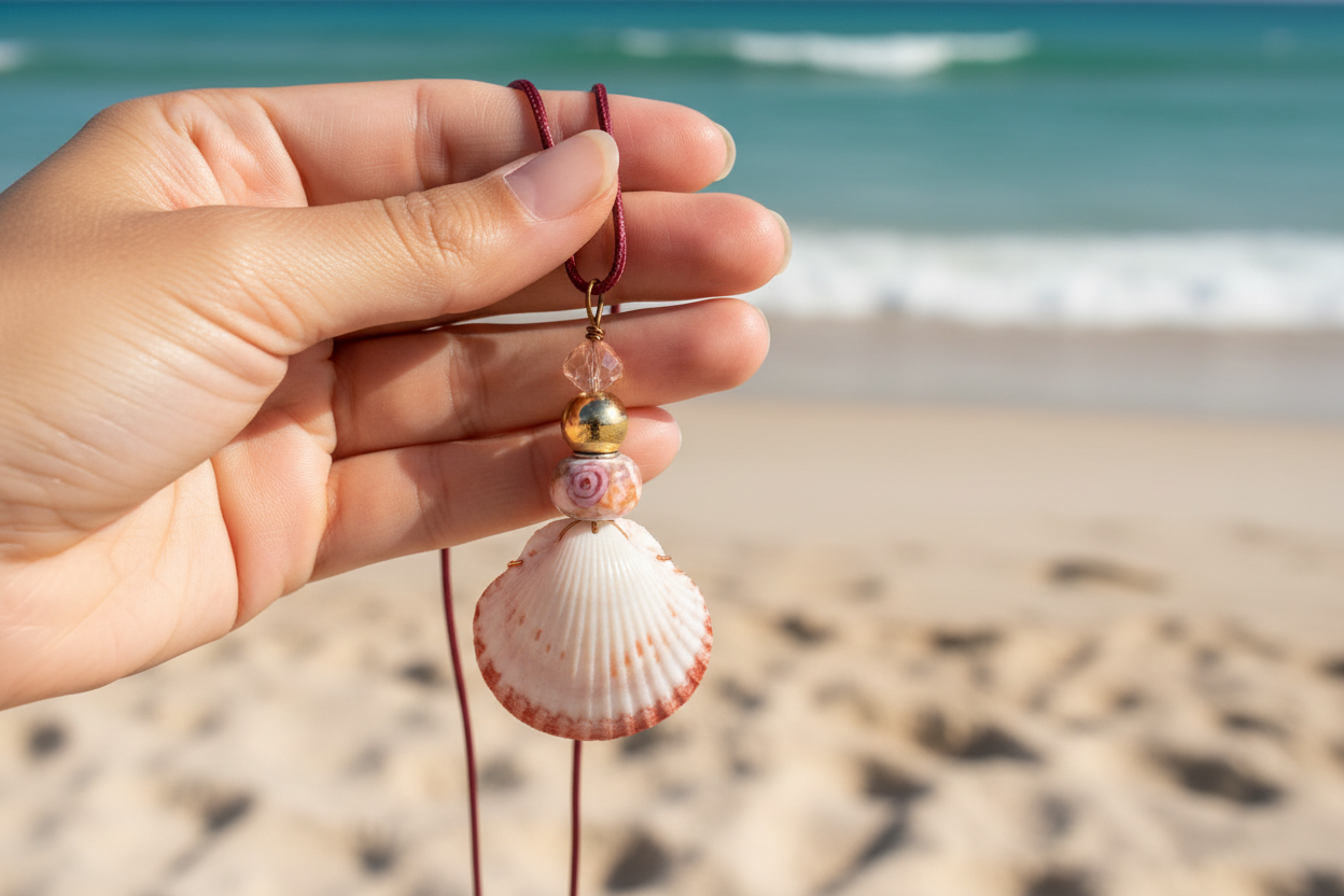 White Shell Pendant Necklace Held at Beach