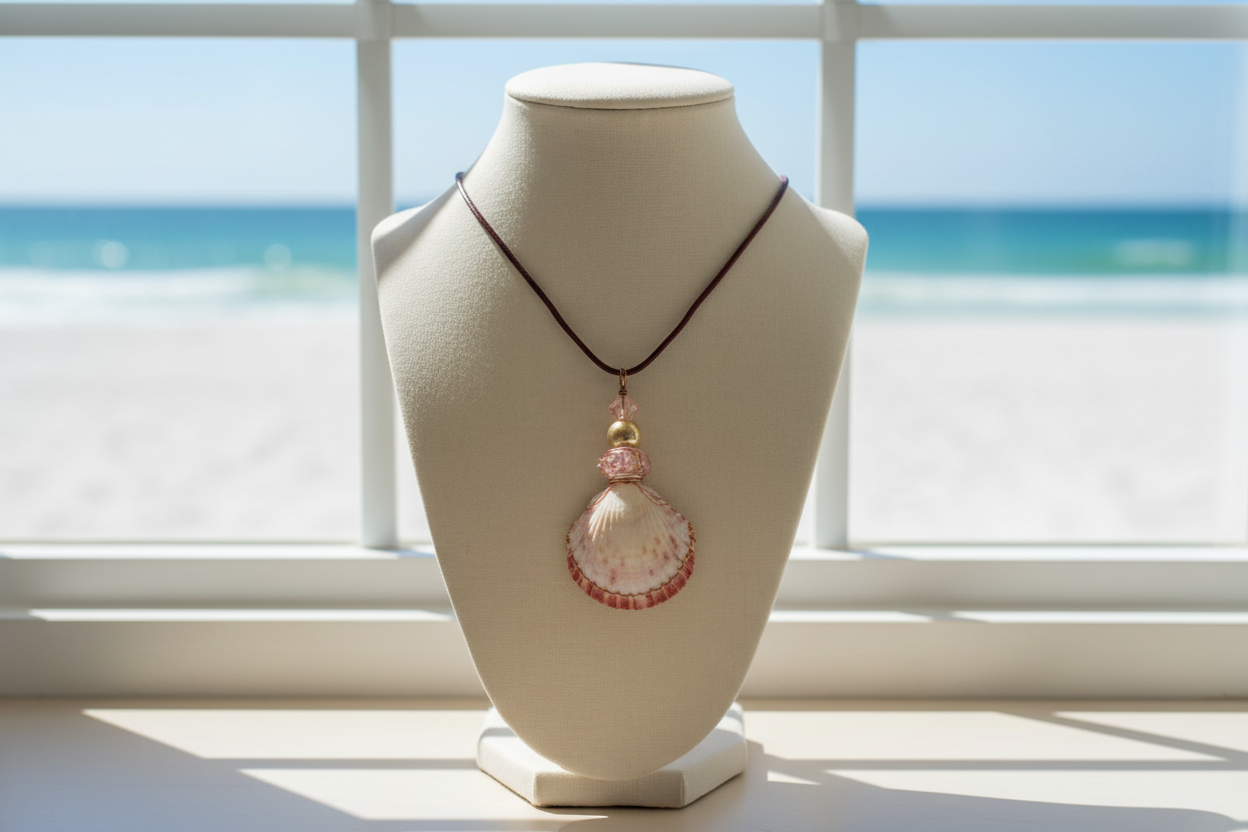 White Shell Pendant Necklace with Window Beach View
