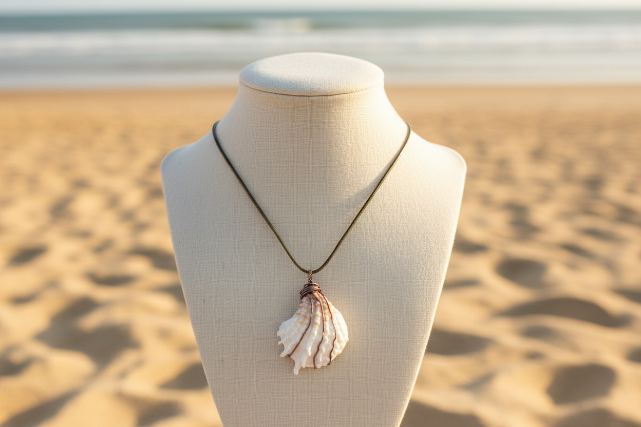 Wire-Wrapped Shell Necklace with Sandy Beach